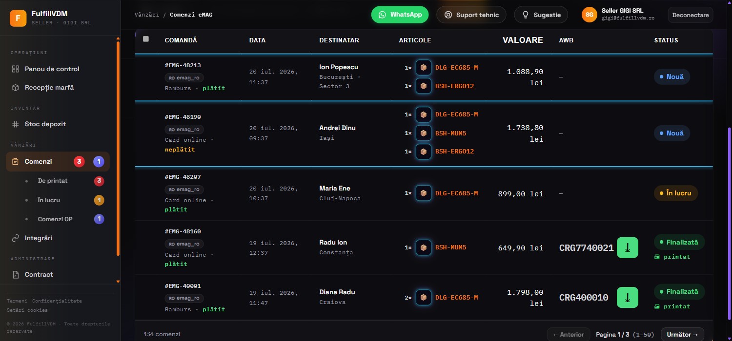 Ecranul vânzătorului: aceleași comenzi, coloana AWB fără niciun buton de generare