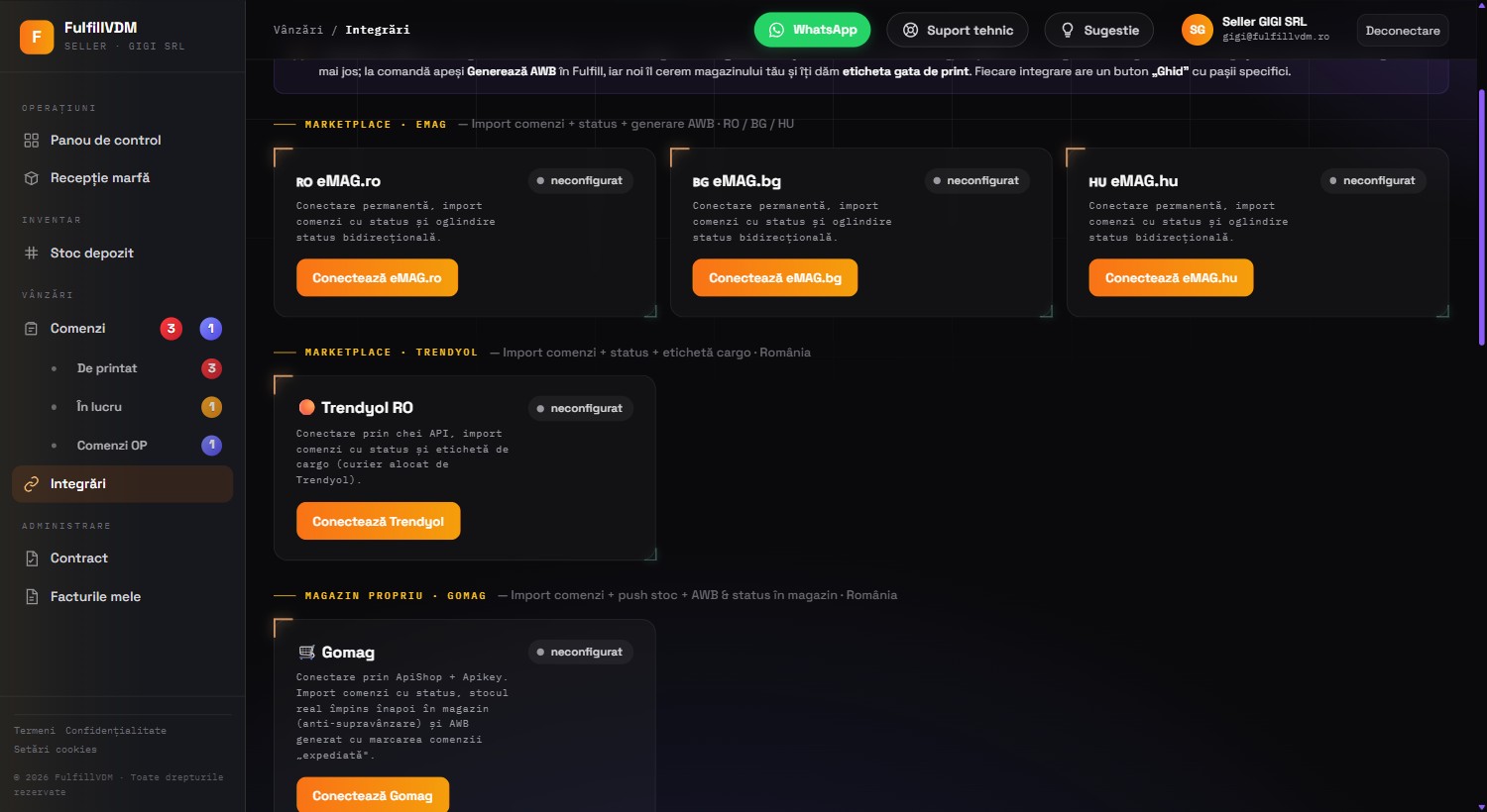 Ecranul de integrări din platformă, cu toate canalele de vânzare disponibile