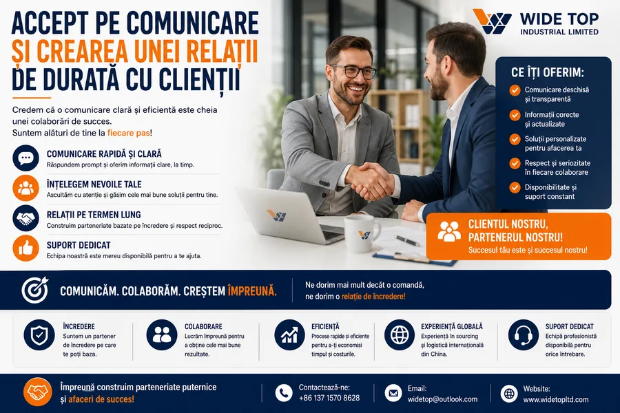 Infografic despre comunicare și crearea unei relații de durată cu clienții: comunicare rapidă și clară, înțelegerea nevoilor, relații pe termen lung, suport dedicat.
