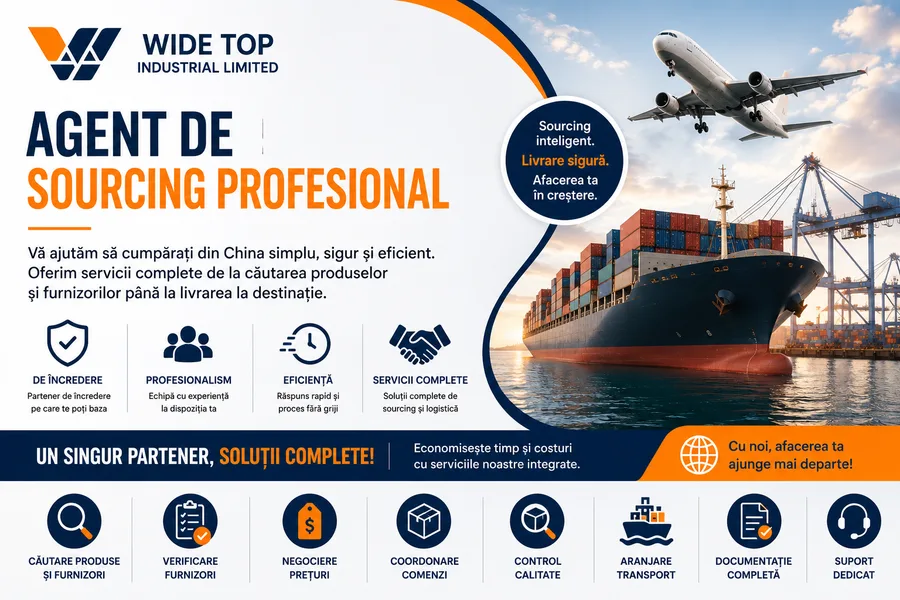 WIDE TOP Industrial Limited — agent de sourcing profesional: căutare produse și furnizori, verificare, negociere, coordonare comenzi, control calitate, transport, documentație, suport dedicat.