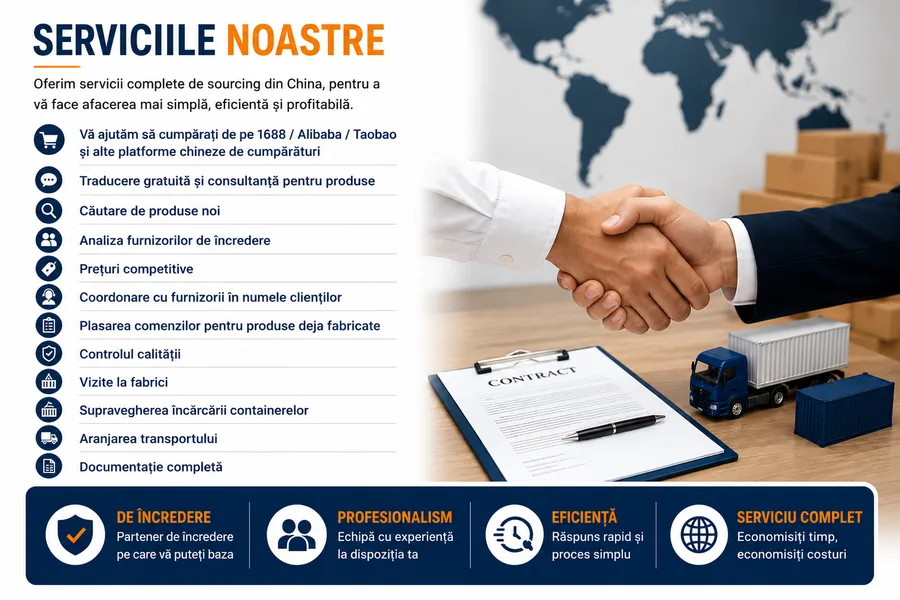 Lista completă a serviciilor WIDE TOP: cumpărare de pe 1688/Alibaba/Taobao, traducere gratuită, căutare de produse noi, analiza furnizorilor, prețuri competitive, coordonare, control al calității, vizite la fabrici, supravegherea încărcării, transport și documentație.